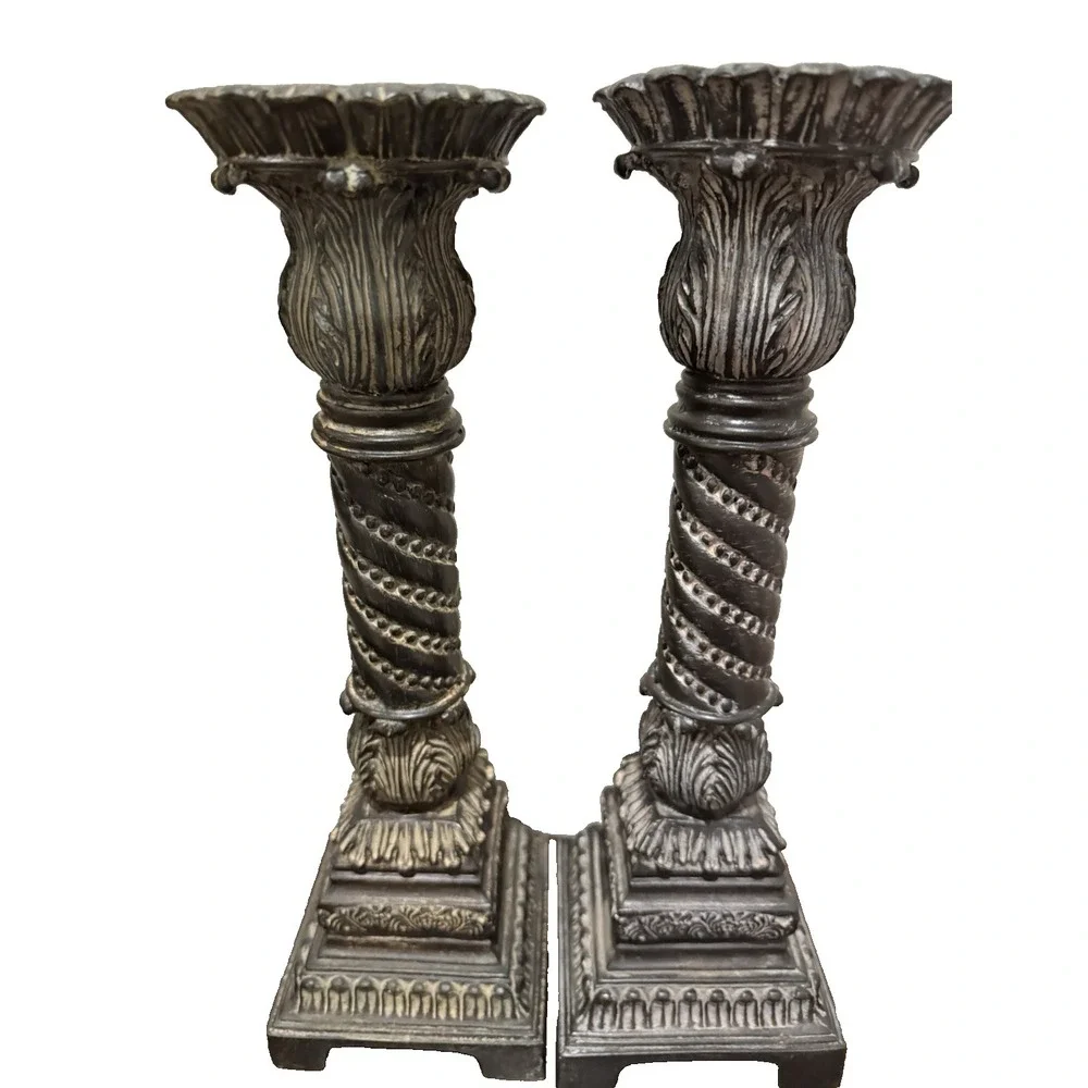 Pair Of Vintage Carved Black‎ Distressed Candle Pillars Holders 14